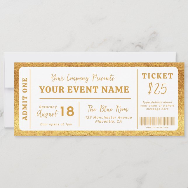 Custom Event Ticket Concert Fake Ticket White Gold Invitation (Front)
