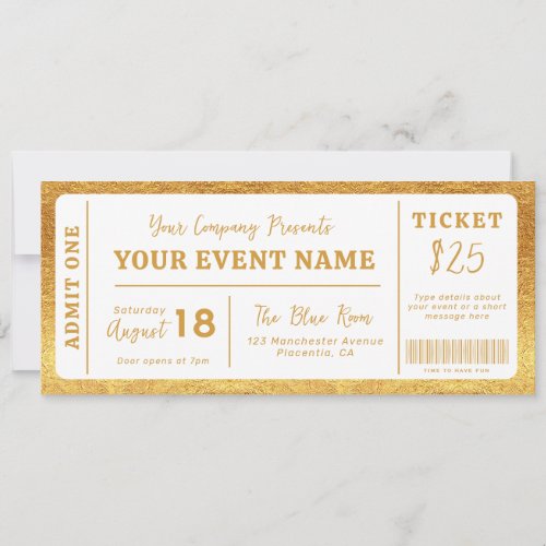 Custom Event Ticket Concert Fake Ticket White Gold Invitation