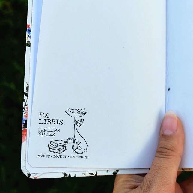 Custom Ex Libris, Cute Cat with books  Rubber Stamp (Creator Uploaded)