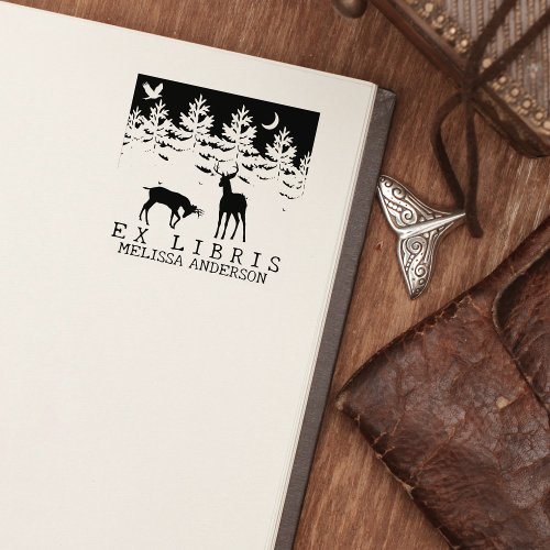 Custom Ex Libris Forest Deer Book     Rubber Stamp