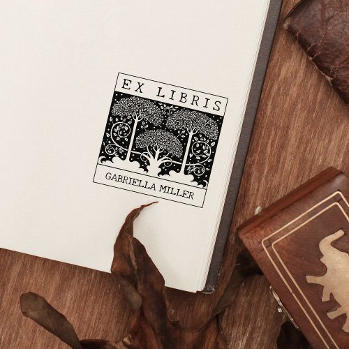 Custom Ex Libris Vintage Trees Book   Rubber Stamp