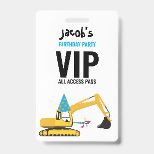 Custom Excavator Birthday Party Pass Favor Badge