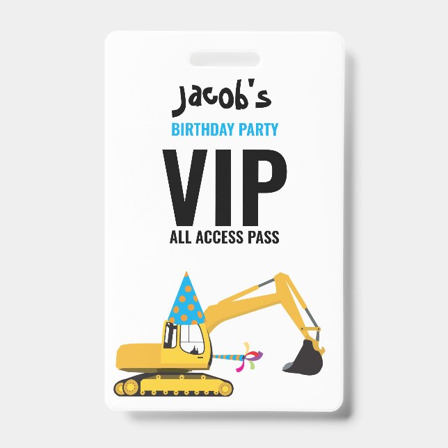 Custom Excavator Birthday Party Pass Favor Badge (Front)