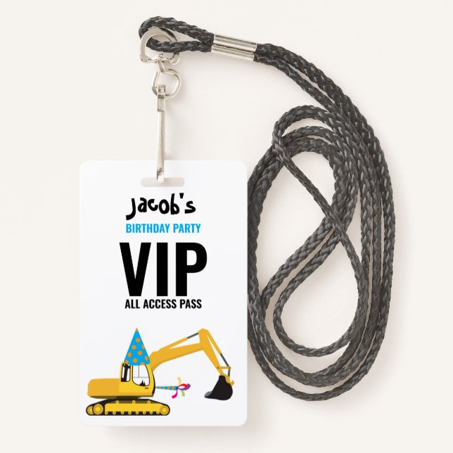 Custom Excavator Birthday Party Pass Favor Badge (Front with Lanyard)