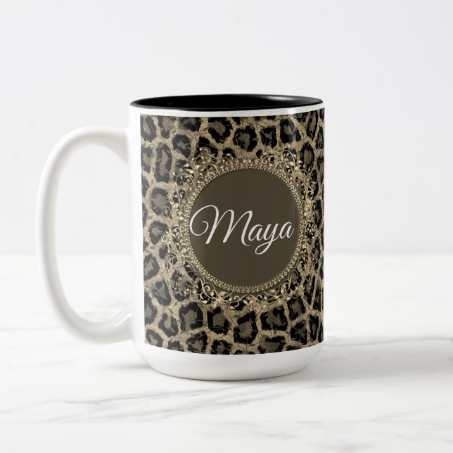 Custom Exotic Leopard Print Two-Tone Coffee Mug (Left)