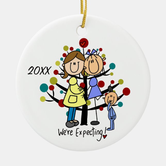 Custom Expectant Couple Two Moms Toddler Boy Ceramic Ornament (Front)