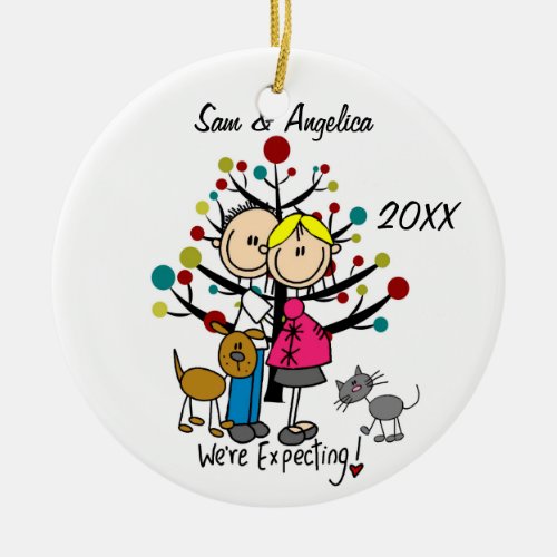 Custom Expectant Couple With Cat and Dog Ornament