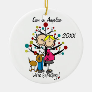Custom Expectant Couple With Dog Ornament