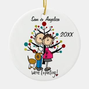 Custom Expectant Couple With Dog Ornament