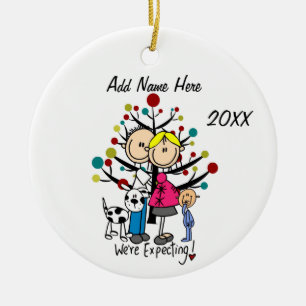 Custom Expectant Couple With Toddler Boy and Dog Ceramic Ornament