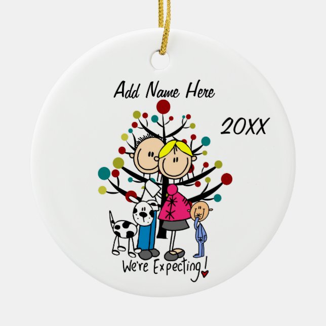 Custom Expectant Couple With Toddler Boy and Dog Ceramic Ornament (Front)