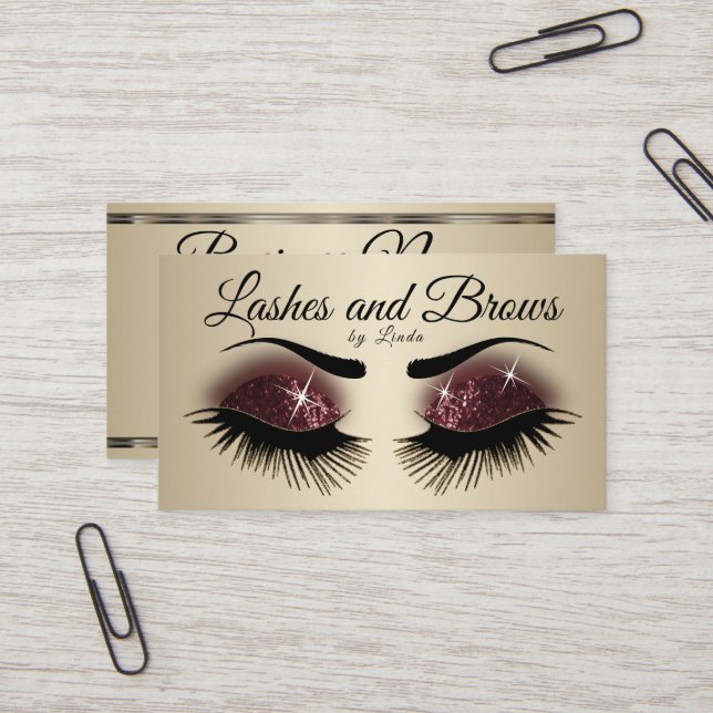 Custom-Eyelashes & Brows - Burgundy Wine Glitter Business Card (Front/Back In Situ)