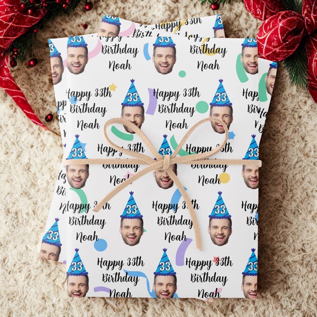 Custom Face 20th 30th 40th 50th 60th 70th Birthday Wrapping Paper Sheets (Creator Uploaded)