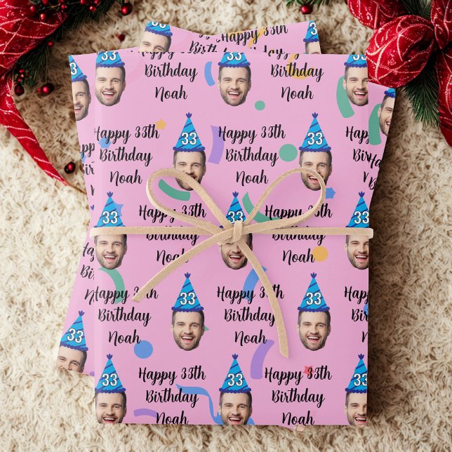 Custom Face 20th 30th 40th 50th 60th Birthday Pink Wrapping Paper Sheets (Creator Uploaded)