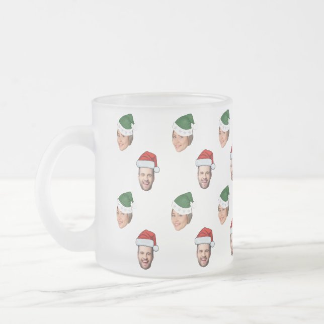 Custom Face 2 Photos Santa Hat Christmas Gift Frosted Glass Coffee Mug (Left)