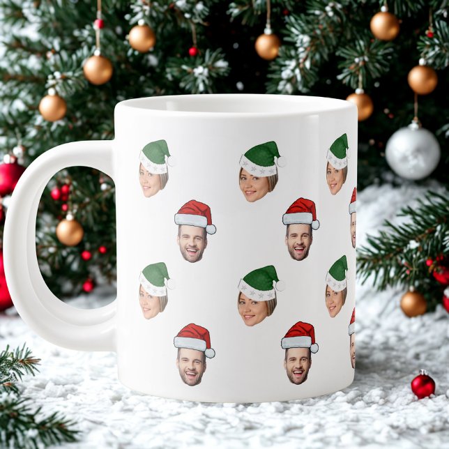 Custom Face 2 Photos Santa Hat Christmas Gift Giant Coffee Mug (Creator Uploaded)