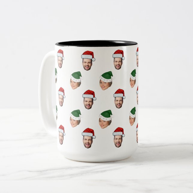 Custom Face 2 Photos Santa Hat Christmas Gift Two-Tone Coffee Mug (Front Left)