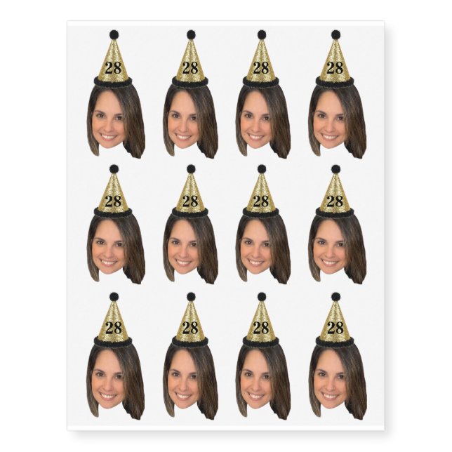 Custom Face Birthday with Party Hat & Age sheet Temporary Tattoos (Front)