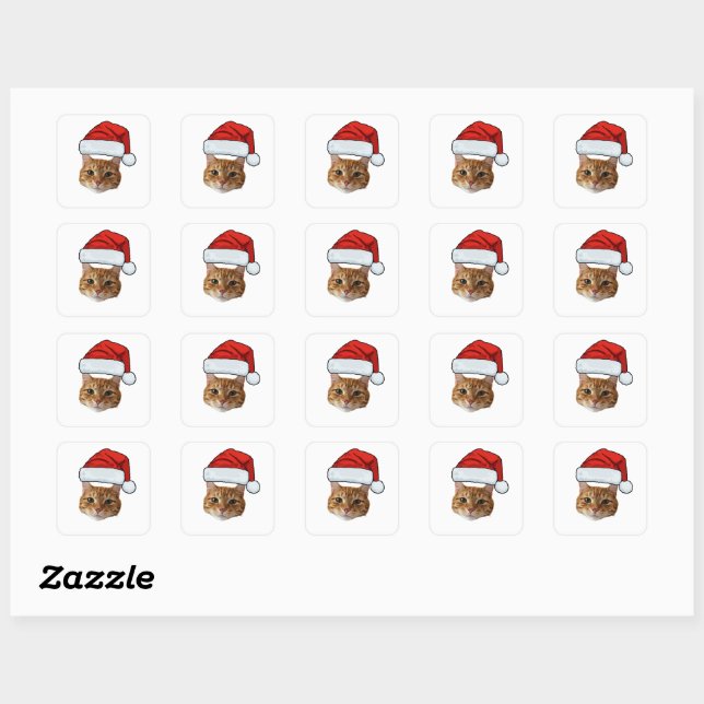 Custom Face Cat Santa Hat Photo Christmas   Square Sticker (Sheet)