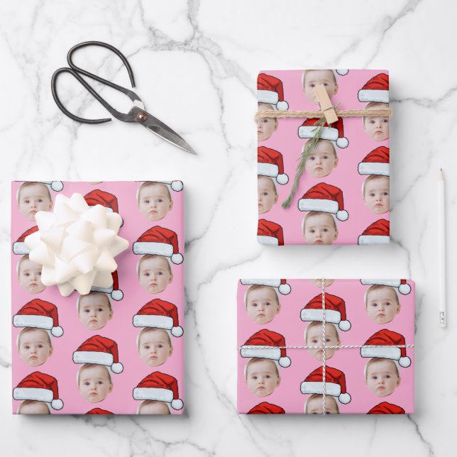 Custom Face Head Photo Santa Hat Christmas Pink Wrapping Paper Sheets (Front)