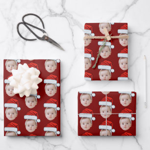 Custom Face Head Photo Santa Hat Christmas Red Wrapping Paper Sheets