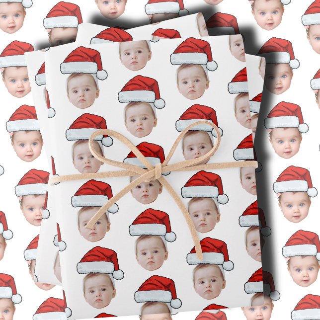 Custom Face Head Photo Santa Hat Christmas White Wrapping Paper Sheets (Creator Uploaded)