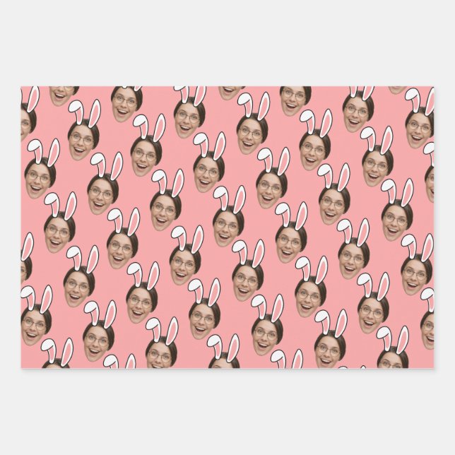 Custom Face Personalized Easter Bunny Ears Photo Wrapping Paper Sheets (Front)