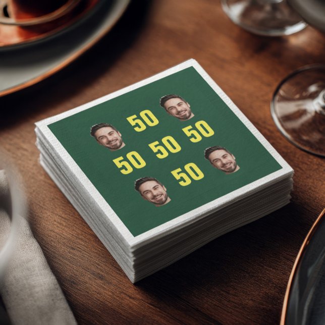 Custom Face Photo 50th Birthday Fun Napkins (Green cocktail napkin featuring four custom face photos arranged in a grid with bright yellow “50” )