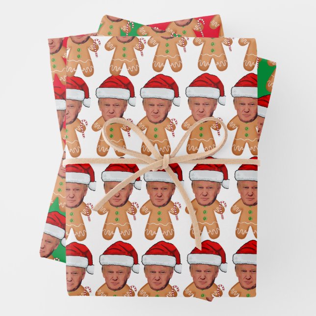 Custom Face Photo Gingerbread Funny Trump Xmas Wrapping Paper Sheets (In situ)