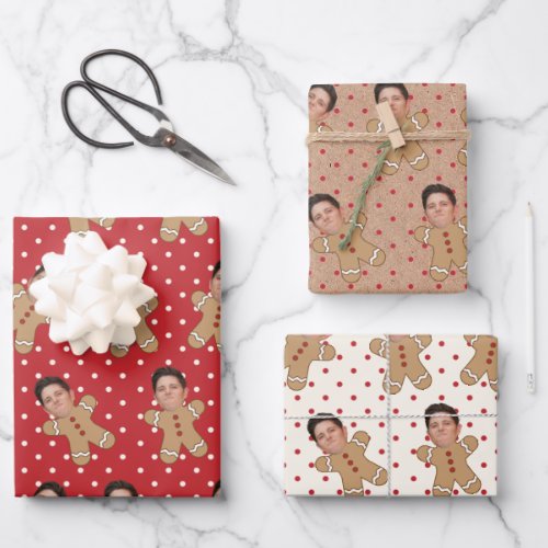 Custom Face Photo Gingerbread Men Christmas Dots Wrapping Paper Sheets