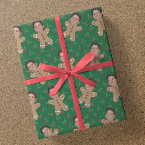 Custom Face Photo Gingerbread Men Christmas Holly Wrapping Paper