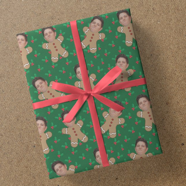 Custom Face Photo Gingerbread Men Christmas Holly Wrapping Paper (Creator Uploaded)