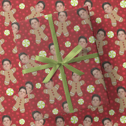 Custom Face Photo Gingerbread Men Red Christmas Wrapping Paper
