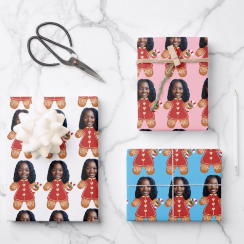 Custom Face Photo Gingerbread Woman Christmas Pink Wrapping Paper Sheets