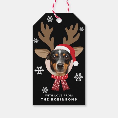 Custom Face Photo Reindeer Christmas Holiday Black Gift Tags
