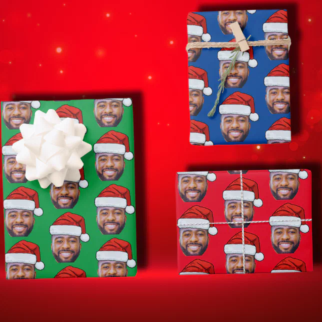 Custom Face Photo Santa Face Hat Wrapping Paper Sheets | Zazzle