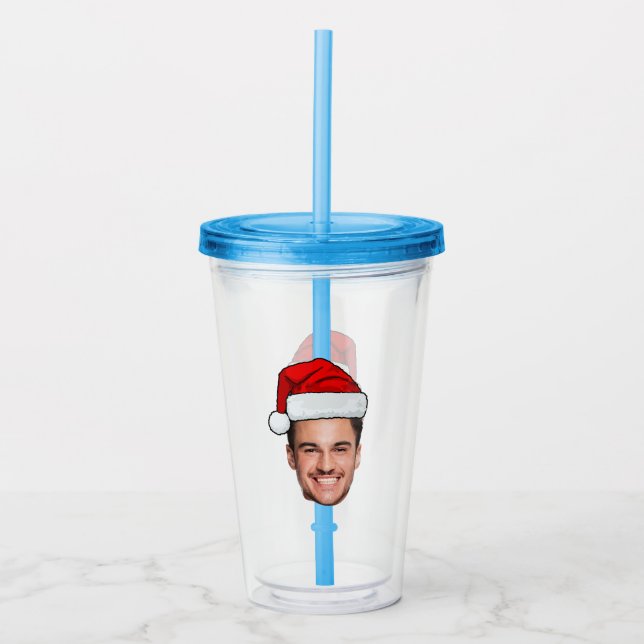 Custom Face Photo Santa Hat Christmas Acrylic Tumbler (Front)