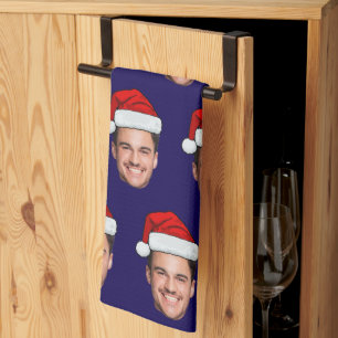 Custom Face Photo Santa Hat Christmas blue Kitchen Towel