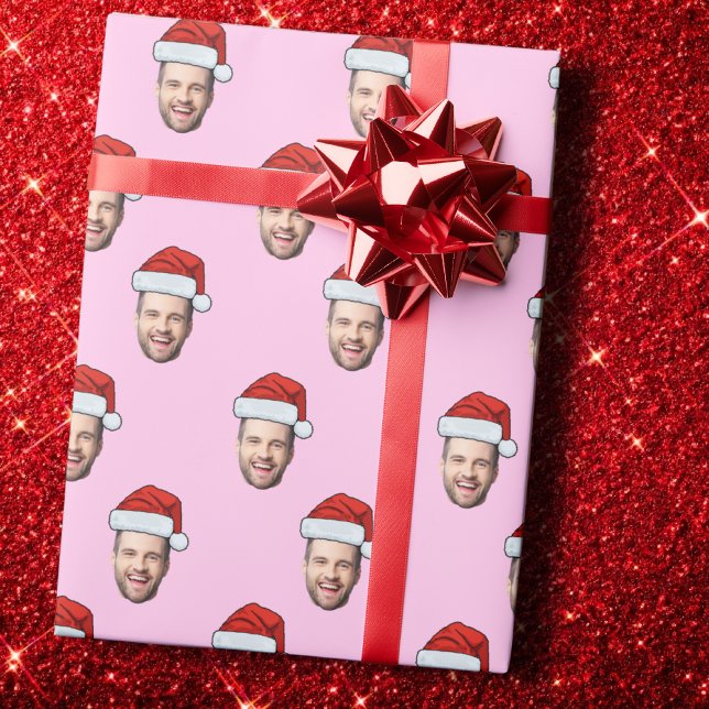 Custom Face Photo Santa Hat Christmas Gift Pink Wrapping Paper (Creator Uploaded)