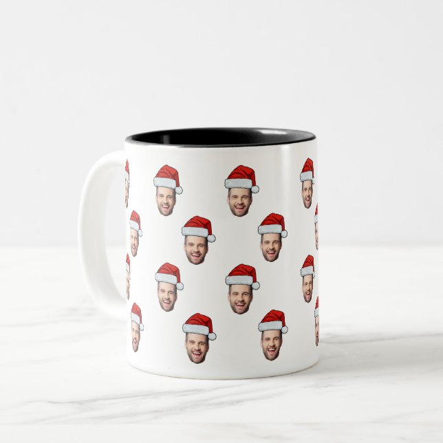 Custom Face Photo Santa Hat Christmas Gift Two-Tone Coffee Mug (Front Left)