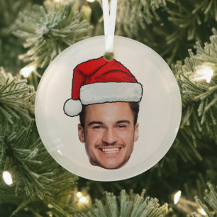 Custom Face Photo Santa Hat Christmas Glass Ornament