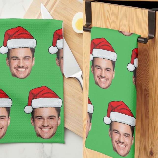 Custom Face Photo Santa Hat Christmas Green Kitchen Towel (Creator Uploaded)