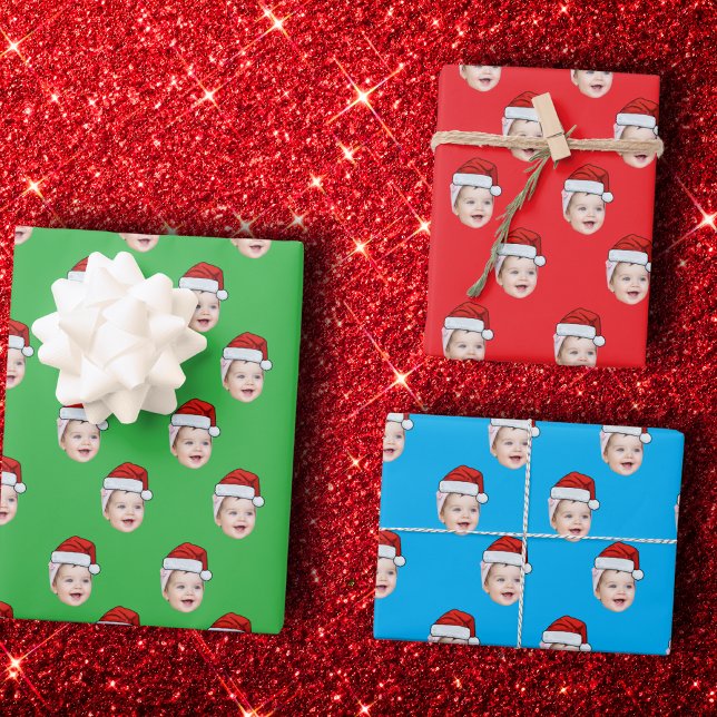 Custom Face Photo Santa Hat Christmas Green Wrapping Paper Sheets (Creator Uploaded)