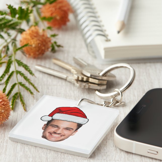 Custom Face Photo Santa Hat Christmas Keychain (Front Right)