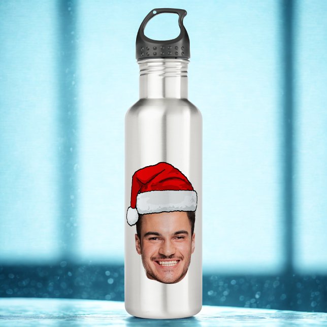 Custom Face Photo Santa Hat Christmas Stainless Steel Water Bottle (Creator Uploaded)