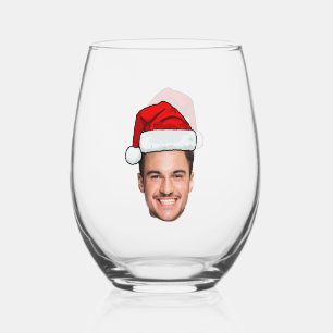 Custom Face Photo Santa Hat Christmas Stemless Wine Glass