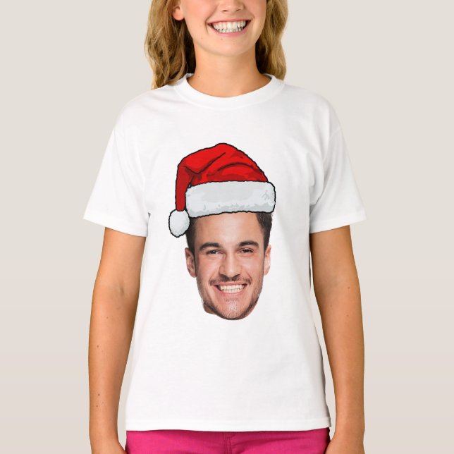 Custom Face Photo Santa Hat Christmas T-Shirt (Front)
