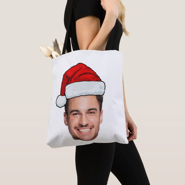 Custom Face Photo Santa Hat Christmas Tote Bag (Close Up)