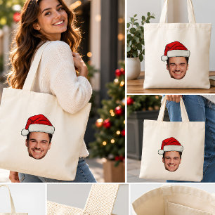 Custom Face Photo Santa Hat Christmas Tote Bag