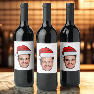 Custom Face Photo Santa Hat Christmas Wine Label